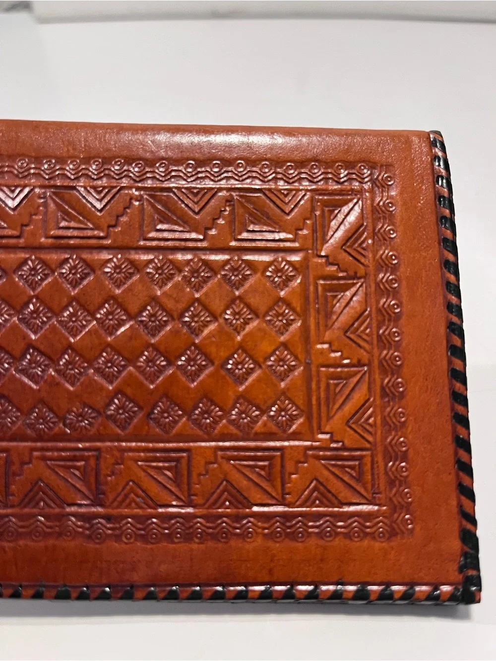 Vintage Handcrafted Leather Aztec Calendar Embossed Wallet & Check Book